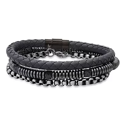 Men's gray leather, black ip stainless steel, lava and hematite beaded 3pc bracelets set