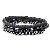 Men's gray leather, black ip stainless steel, lava and hematite beaded 3pc bracelets set