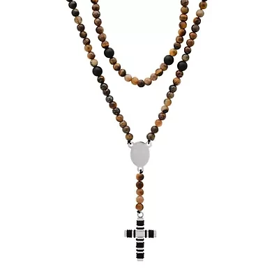 Men's black rubber, tiger eye beads & stainless steel rosary