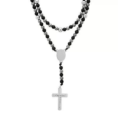 Men's black lava, hematite and stainless steel beads rosary