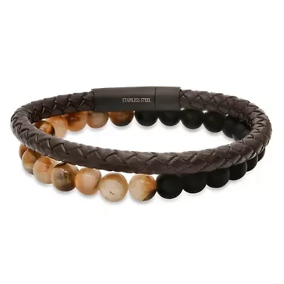 Men's brown braided leather, black ip stainless steel and tiger eye/lava beads 2pc bracelets set