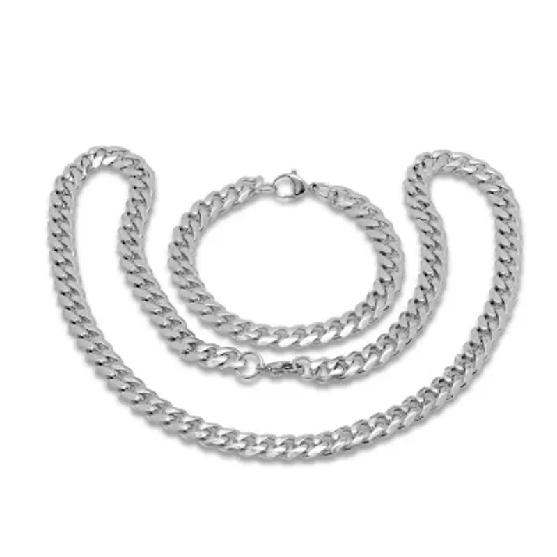 Men's stainless steel chain link bracelet and necklace set