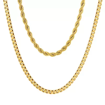 Men's 18k gold plated stainless steel box and rope chain double row necklace