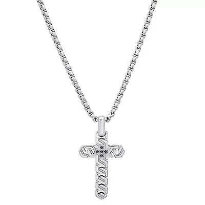 Lab Created Men's stainless steel and black simulated diamonds braided cross pendant