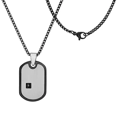 Lab Created Men's two tone black ip and stainless steel dog tag pendant with black simulated diamond accent