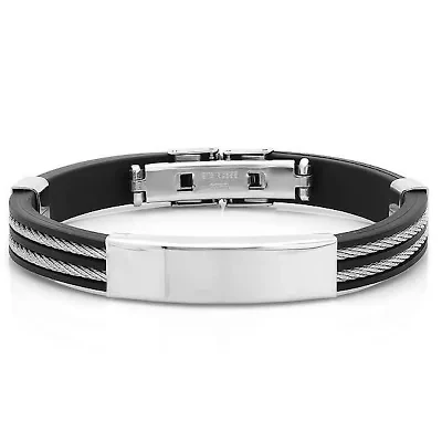 Men's black rubber id bracelet with stainless steel wire inlay