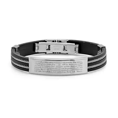 Men's stainless steel and black rubber our father prayer id bracelet with wire inlay