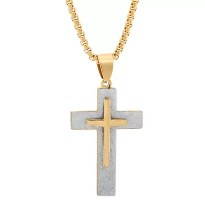 Men's 18k gold plated stainless steel double cross sandusted pendant