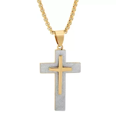 Men's 18k gold plated stainless steel double cross sandusted pendant