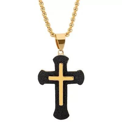 Men's 18k gold plated stainless and black ip steel cross necklace