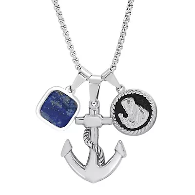 Men's stainless steel anchor, St. Benedict and agate square pendant