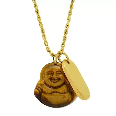 Men's 18k gold plated stainless steel and tiger eye laughing buddha and dog tag pendant