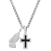 Men's stainless steel prayer hands and cross with black enamel pendant
