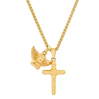 Men's 18k gold plated stainless steel angel and cross pendant