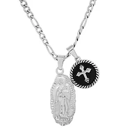 Men's stainless steel Our Lady of Guadalupe and round cross with black enamel pendant charms