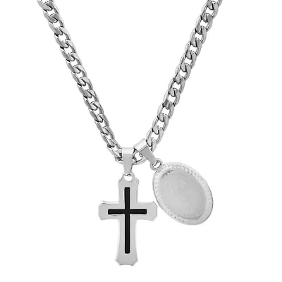 Men's stainless steel and black enamel cross & Guadalupe oval pendants