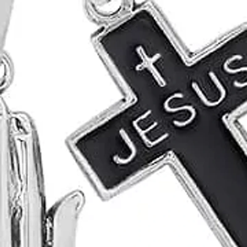 Men's stainless steel and black enamel cross ("Jesus") and prayer hands pendants