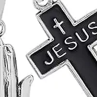 Men's stainless steel and black enamel cross ("Jesus") and prayer hands pendants