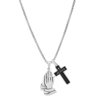Men's stainless steel and black enamel cross ("Jesus") and prayer hands pendants