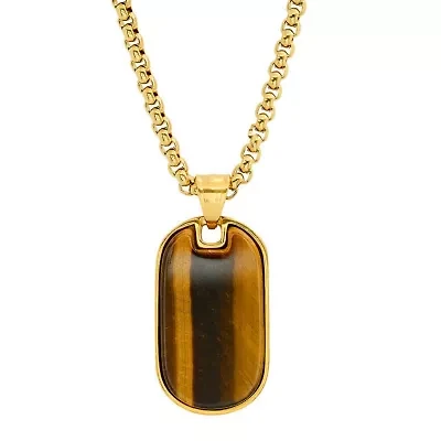Men's 18k gold plated stainless steel and tiger eye dog tag pendant