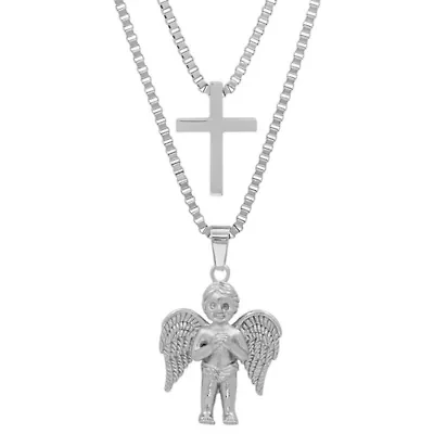 Men's stainless steel double layered cross and angel necklace