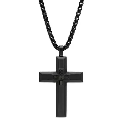 Men's black ip stainless steel cross pendant with black carbon fiber center