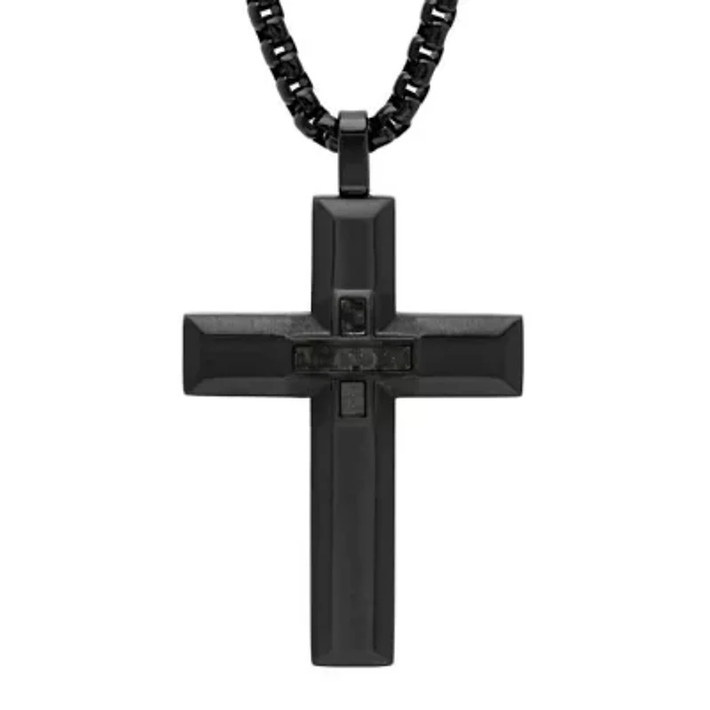 Men's black ip stainless steel cross pendant with black carbon fiber center