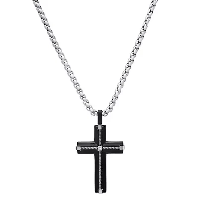 Lab Created Men's two tone black ip & stainless steel inlay wire cable cross with simulated diamonds accent pendant