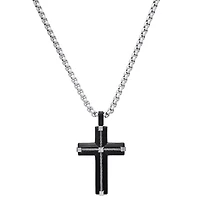 Lab Created Men's two tone black ip & stainless steel inlay wire cable cross with simulated diamonds accent pendant