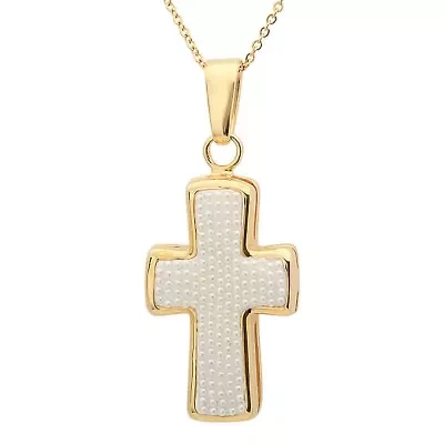 Men's 18k gold plated stainless steel and simulated pearls cross pendant