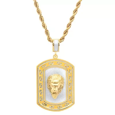 Men's 18k gold plated stainless steel sandblast lion head dog tag pendant