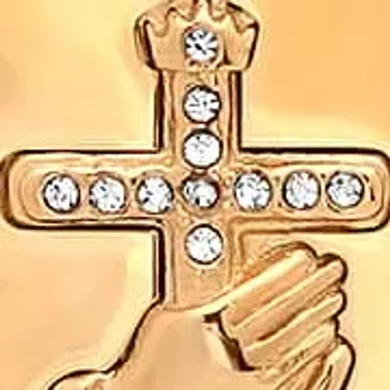 Lab Created Men's 18k gold plated stainless steel prayer hands and cross pendant with simulated diamonds