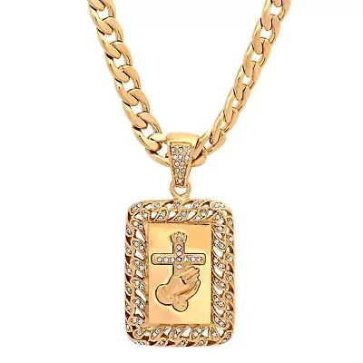 Lab Created Men's 18k gold plated stainless steel prayer hands and cross pendant with simulated diamonds