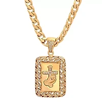 Lab Created Men's 18k gold plated stainless steel prayer hands and cross pendant with simulated diamonds