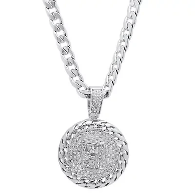 Men's stainless steel simulated diamond round jesus head pendant