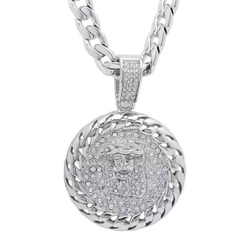 Men's stainless steel simulated diamond round jesus head pendant