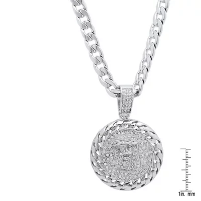 Men's stainless steel simulated diamond round jesus head pendant