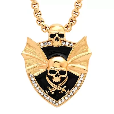 Lab Created Men's 18k gold plated stainless steel jolly roger pendant with wings and simulated diamonds