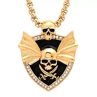 Lab Created Men's 18k gold plated stainless steel jolly roger pendant with wings and simulated diamonds