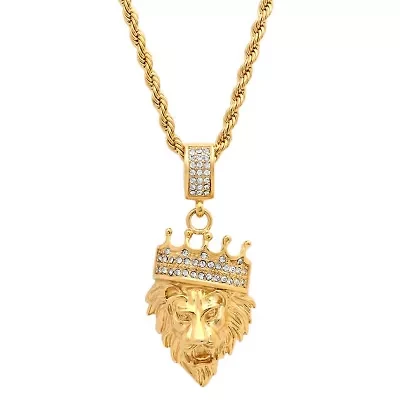 Men's 18k gold plated stainless steel lion with crown simulated diamond pendant