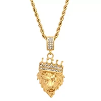 Men's 18k gold plated stainless steel lion with crown simulated diamond pendant