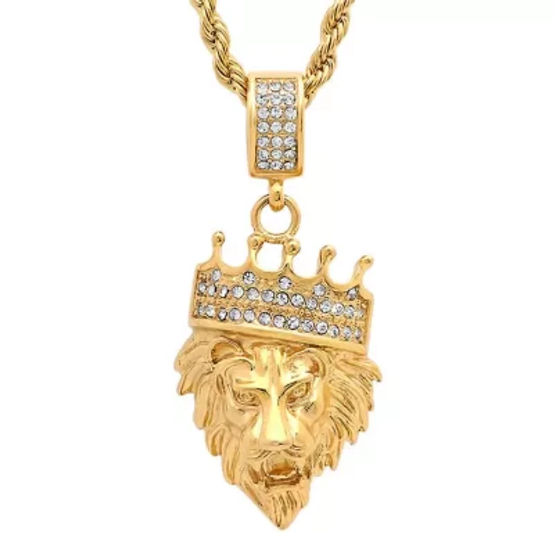 Men's 18k gold plated stainless steel lion with crown simulated diamond pendant