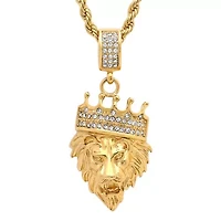 Men's 18k gold plated stainless steel lion with crown simulated diamond pendant