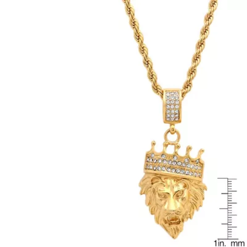 Men's 18k gold plated stainless steel lion with crown simulated diamond pendant