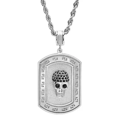 Lab Created Men's stainless steel greek key and sandblast dog tag with skull and black simulated diamonds