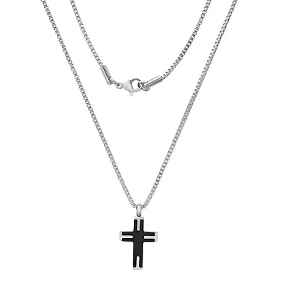 Men's two tone black ip & stainless steel textured small cross pendant