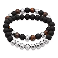 Men's set of 2 tiger eye, stainless steel, and black lava beaded bracelet