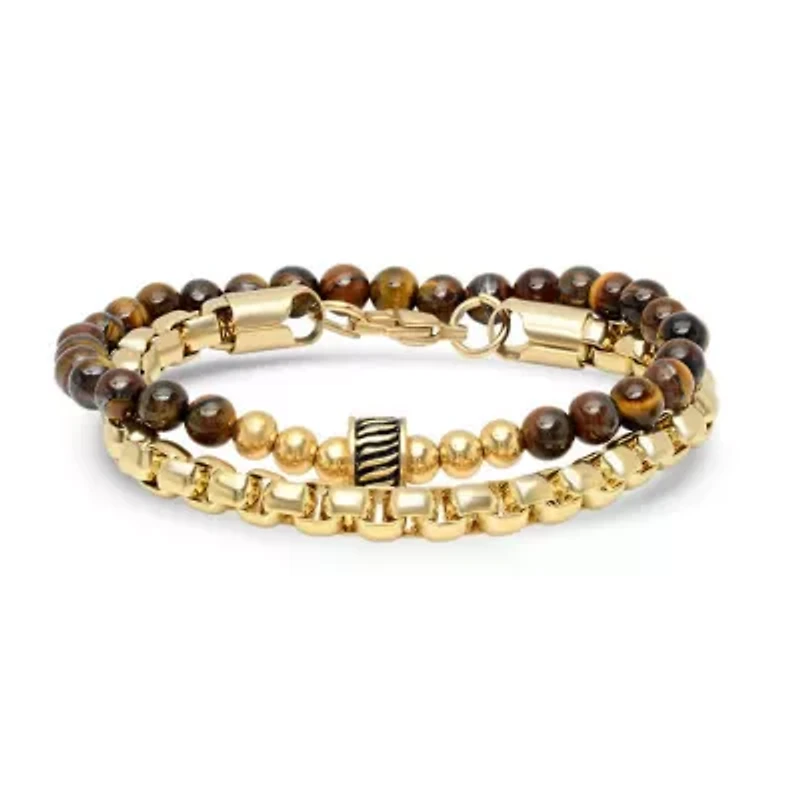 Men's set of 2 18k gold plated stainless steel rounded box chain bracelet and tiger eye beaded bracelet