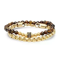 Men's set of 2 18k gold plated stainless steel rounded box chain bracelet and tiger eye beaded bracelet