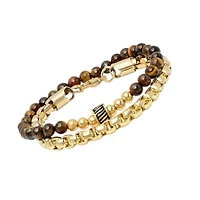 Men's set of 2 18k gold plated stainless steel rounded box chain bracelet and tiger eye beaded bracelet